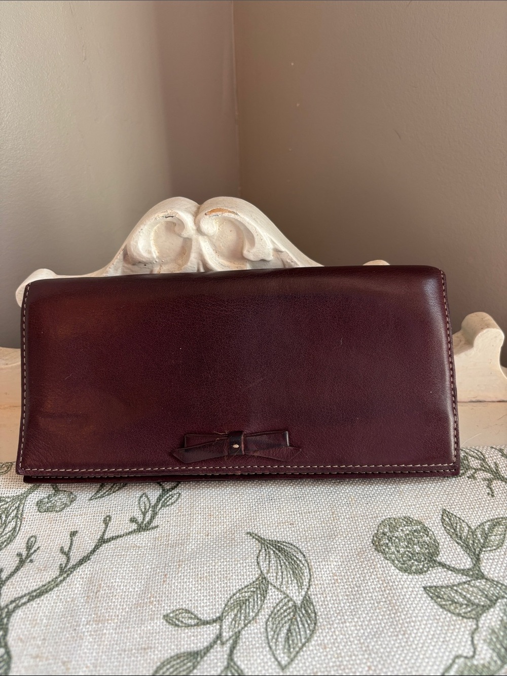 Vintage JCrew Leather Bow Accent Clutch Wallet - Deep Burgundy/Brown
